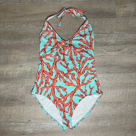 J. McLaughlin Blue Teal Coral Print Halter One Piece Swimsuit Low Back Size 12 - Picture 1 of 7